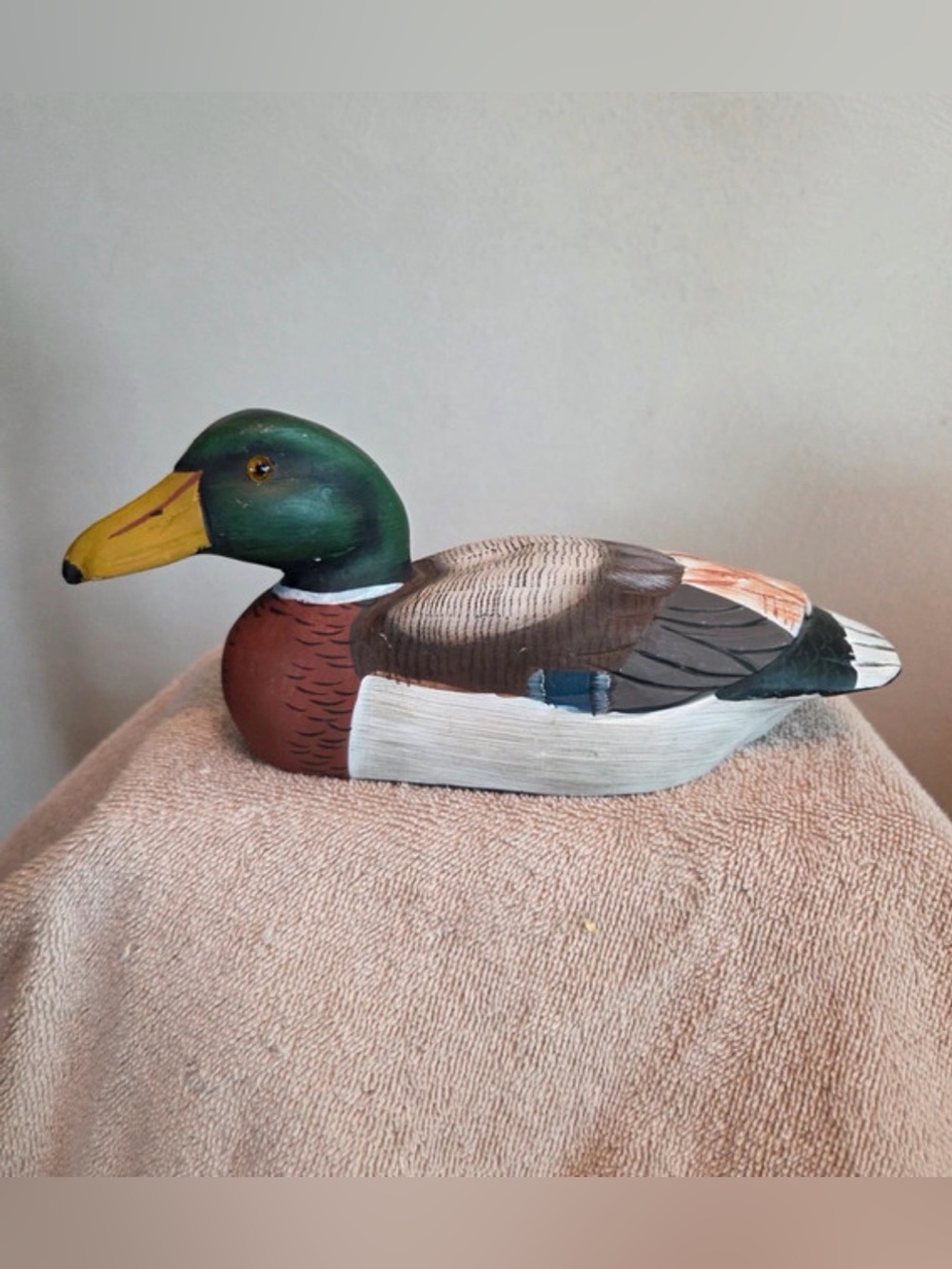 Hand-Painted Wooden Mallard Duck Décor in Green, Brown & White 9”